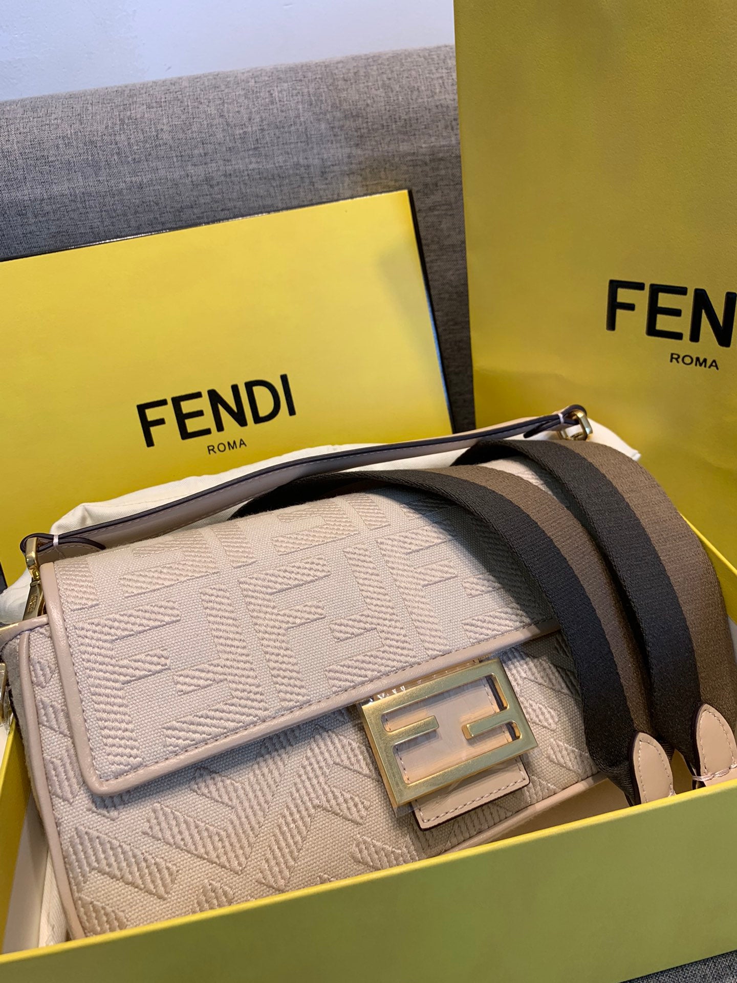 Fendi Baguette Embossed Leather Shoulder Bag - Beige/Cream