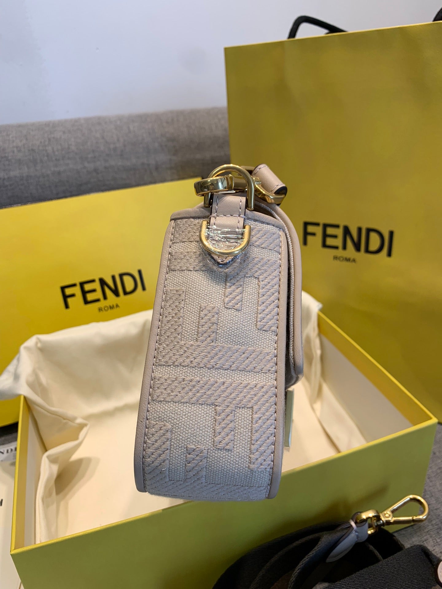 Fendi Baguette Embossed Leather Shoulder Bag - Beige/Cream