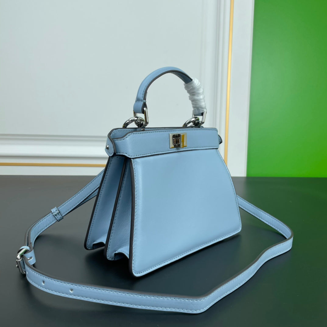 Elegant Light Blue Leather Top Handle Crossbody Handbag - 20cm