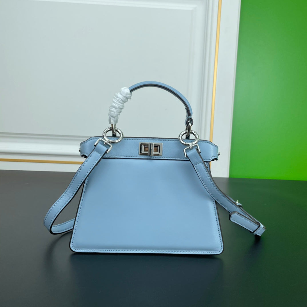Elegant Light Blue Leather Top Handle Crossbody Handbag - 20cm