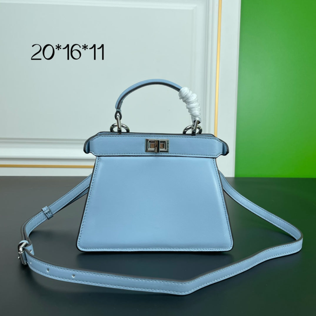 Elegant Light Blue Leather Top Handle Crossbody Handbag - 20cm