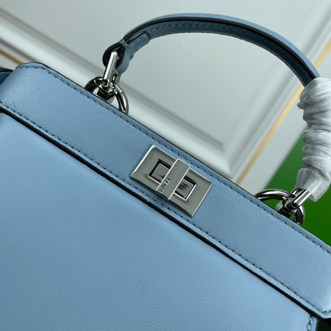 Elegant Light Blue Leather Top Handle Crossbody Handbag - 20cm