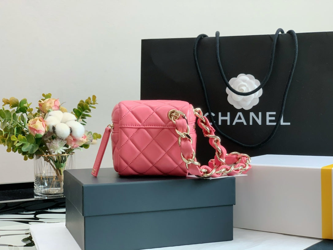 Chanel Pink Quilted Lambskin Mini Vanity Case with Gold-Tone Hardware