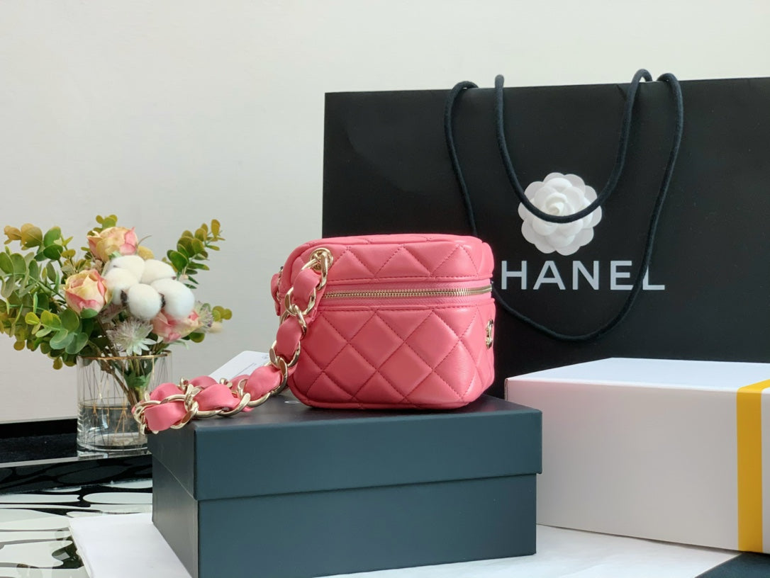 Chanel Pink Quilted Lambskin Mini Vanity Case with Gold-Tone Hardware