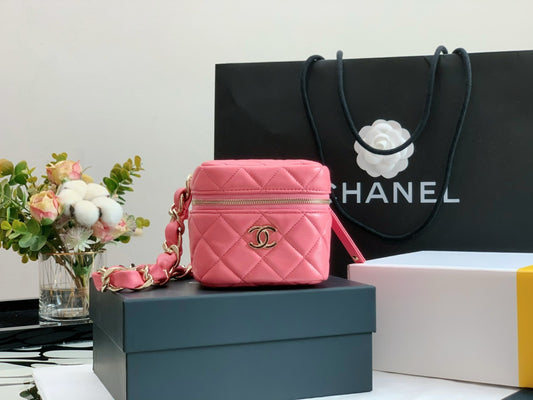 Chanel Pink Quilted Lambskin Mini Vanity Case with Gold-Tone Hardware