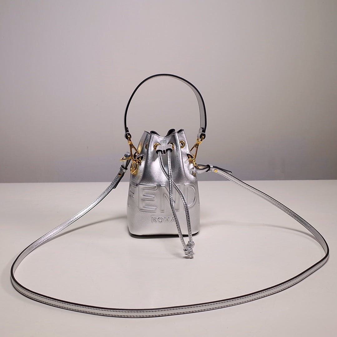 Fendi Mon Tresor Mini Silver Leather Bucket Bag with Logo