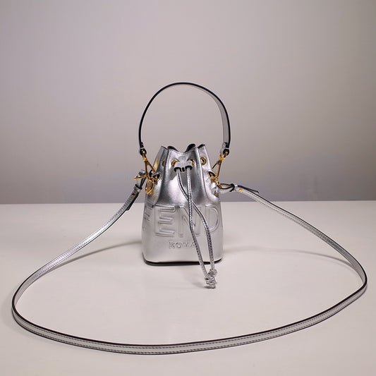 Fendi Mon Tresor Mini Silver Leather Bucket Bag with Logo