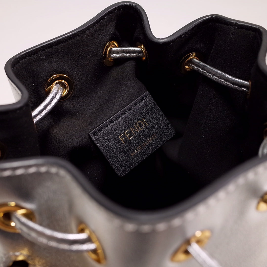 Fendi Mon Tresor Mini Silver Leather Bucket Bag with Logo