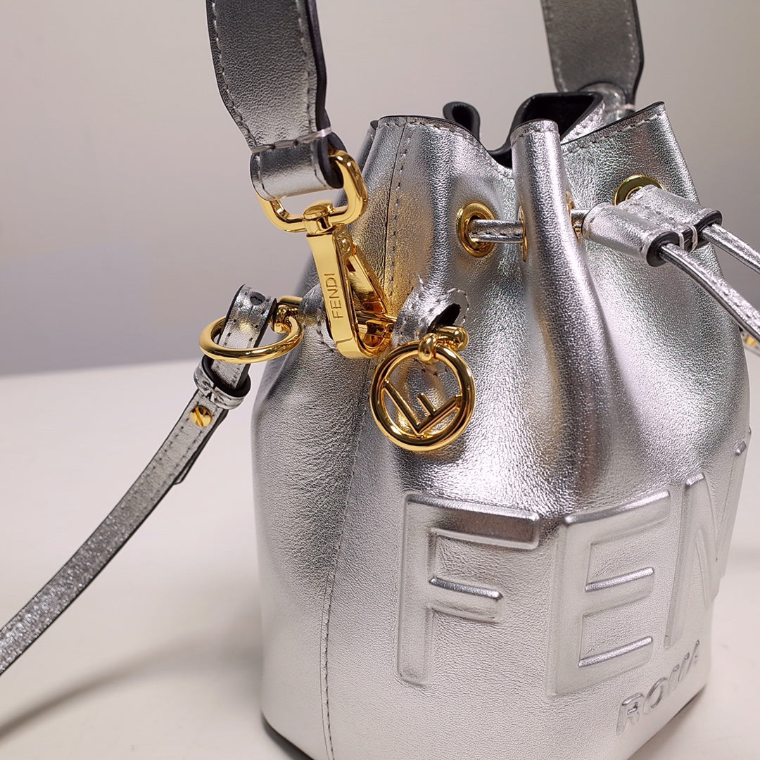 Fendi Mon Tresor Mini Silver Leather Bucket Bag with Logo