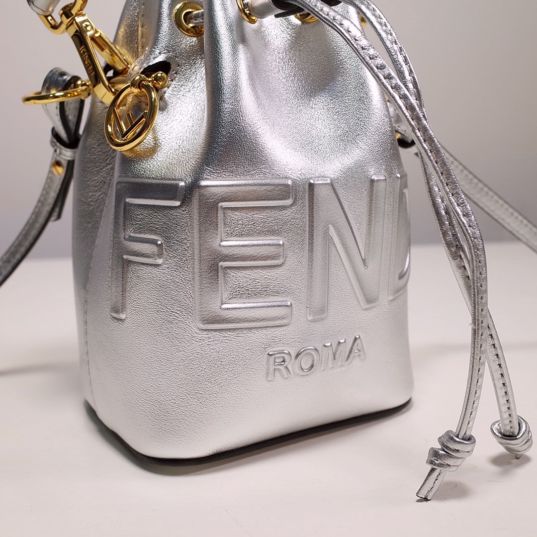 Fendi Mon Tresor Mini Silver Leather Bucket Bag with Logo