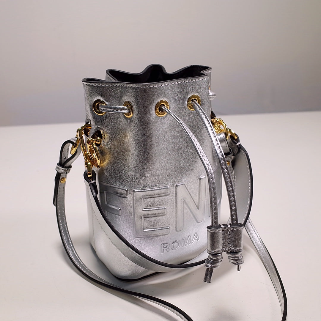 Fendi Mon Tresor Mini Silver Leather Bucket Bag with Logo