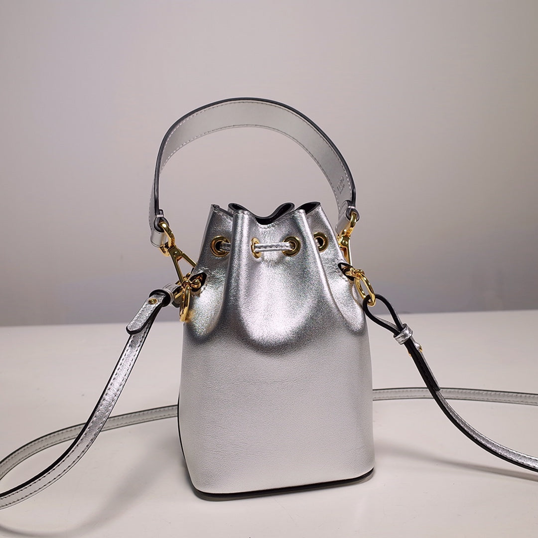 Fendi Mon Tresor Mini Silver Leather Bucket Bag with Logo