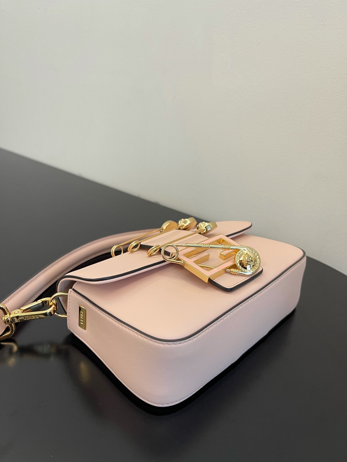 Fendi Mini Baguette Pink Leather Handbag with Gold Safety Pin Accents