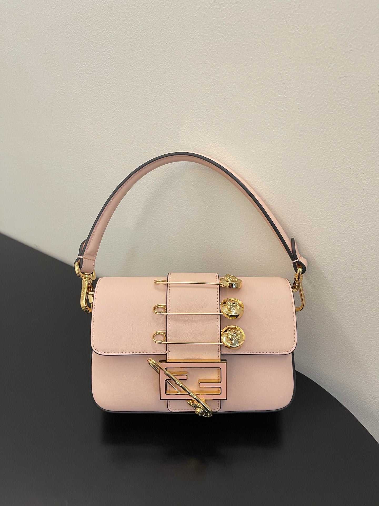 Fendi Mini Baguette Pink Leather Handbag with Gold Safety Pin Accents