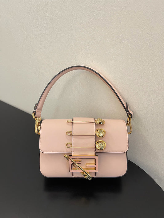 Fendi Mini Baguette Pink Leather Handbag with Gold Safety Pin Accents