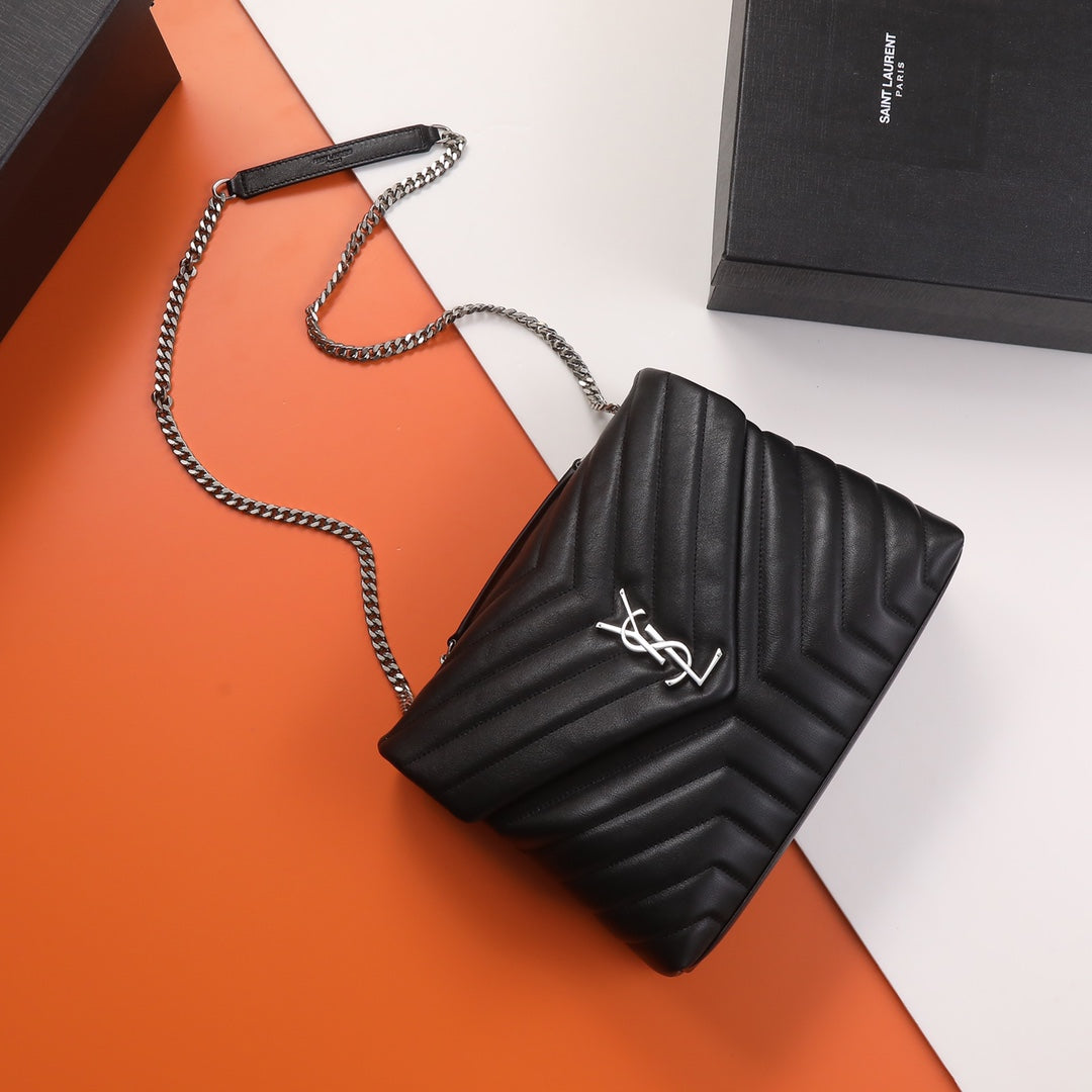 Saint Laurent Small Loulou Shoulder Bag in Black Matelassé Quilted Leather