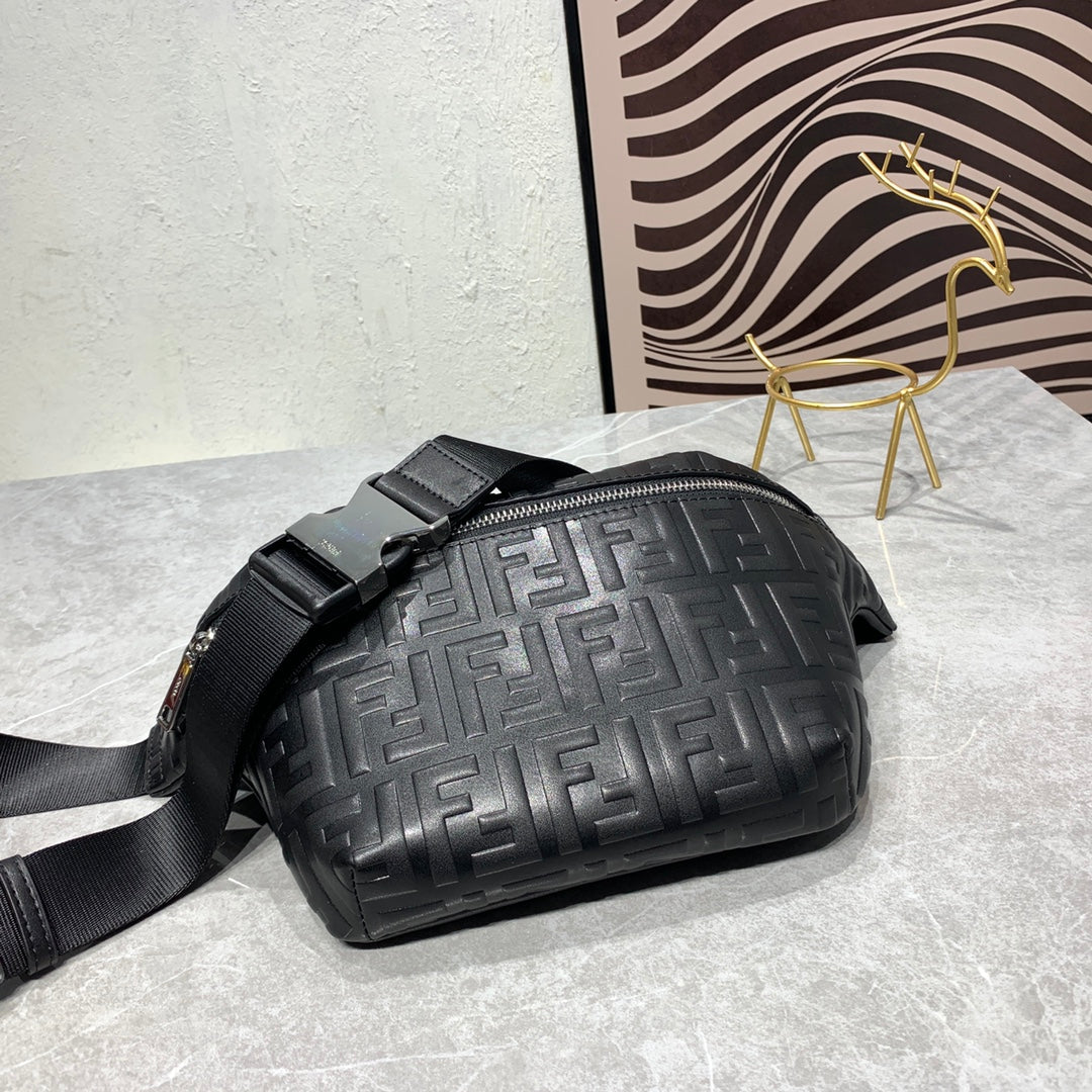Fendi FF Monogram Embossed Black Leather Belt Bag