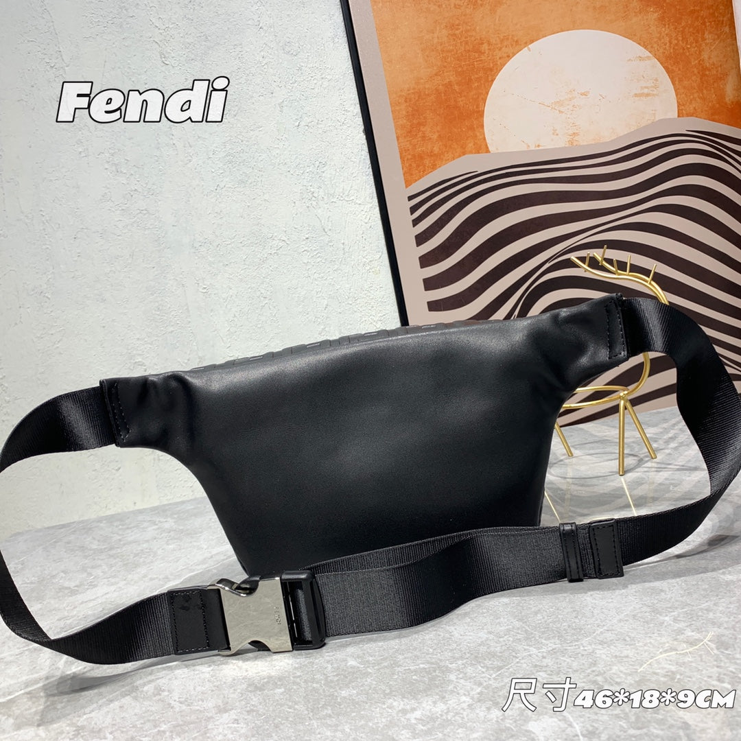 Fendi Black Embossed FF Logo Leather Belt Bag