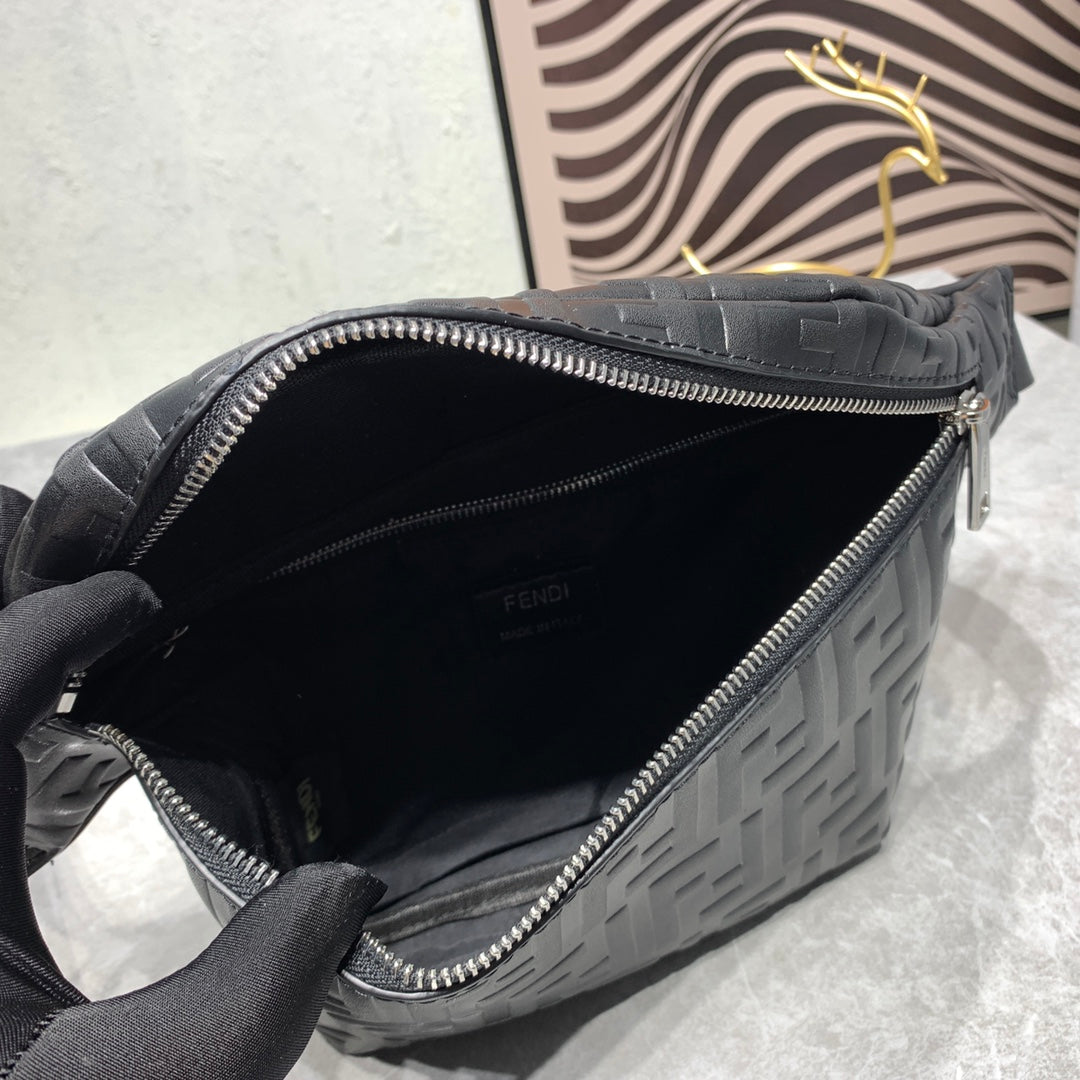 Fendi FF Monogram Embossed Black Leather Belt Bag