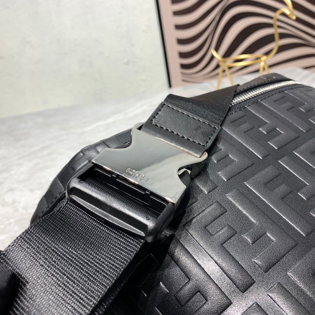 Fendi Black Embossed FF Logo Leather Belt Bag