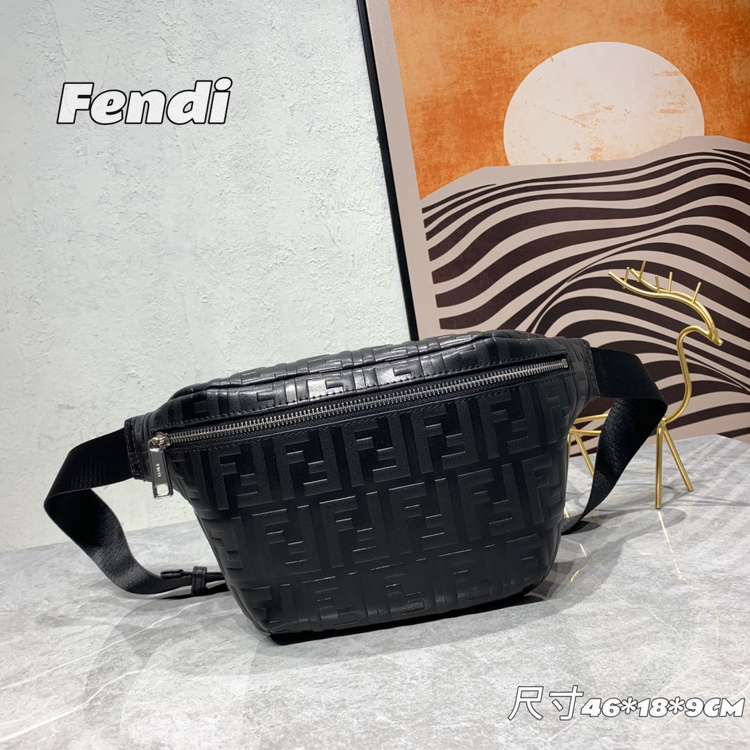 Fendi FF Monogram Embossed Black Leather Belt Bag