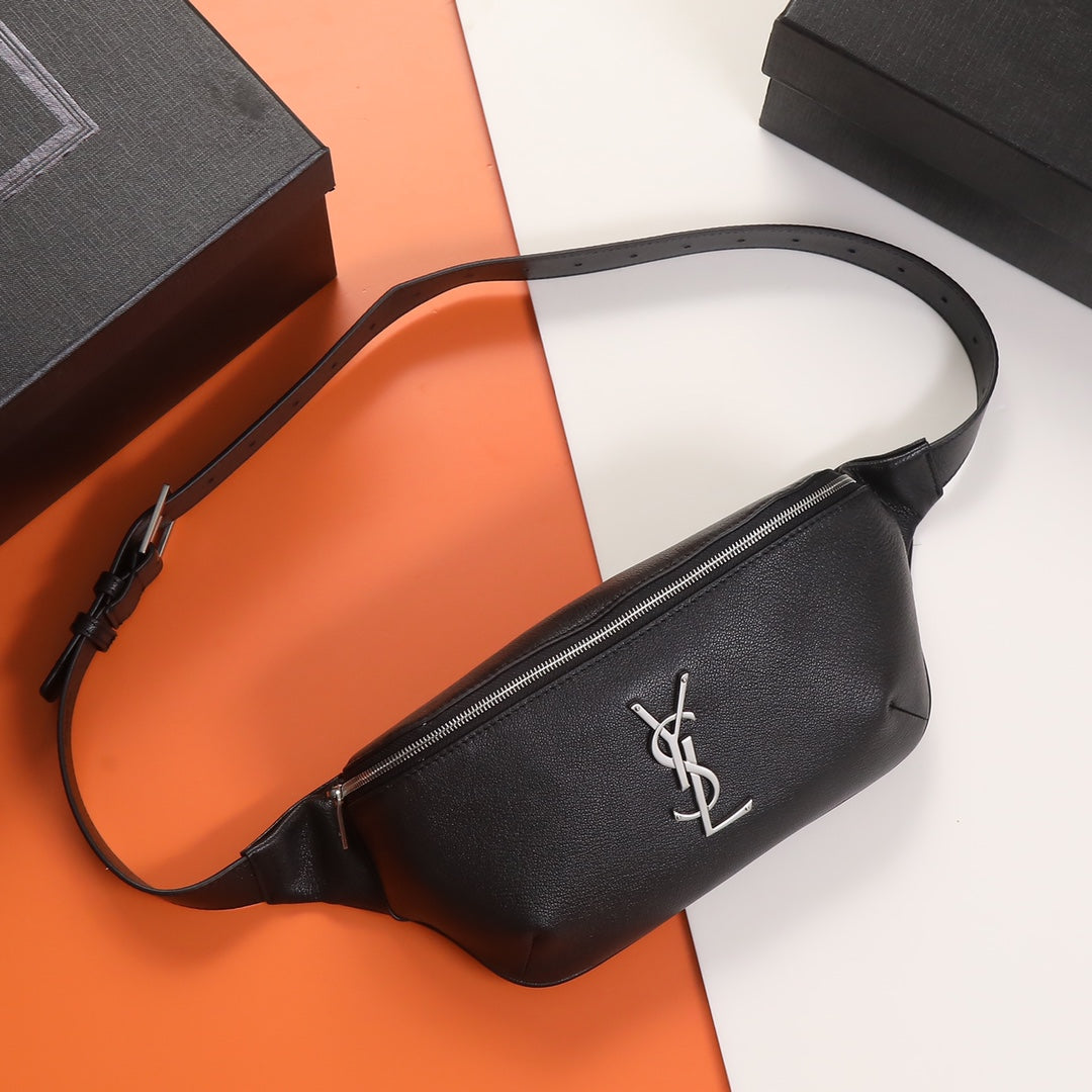 Saint Laurent YSL Cassandre Leather Belt Bag - Black with Silver Hardware