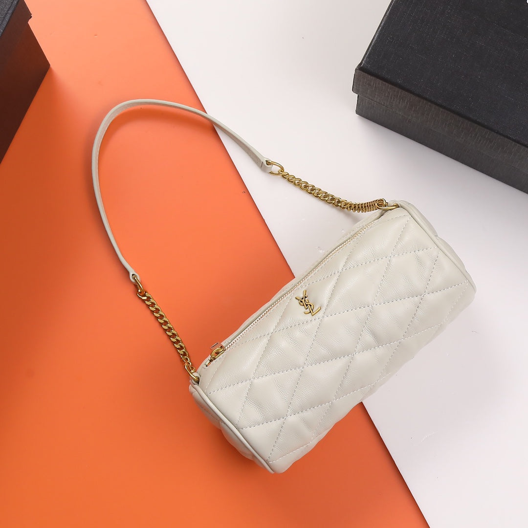 White Quilted Cylindrical Shoulder Bag with Gold Chain Strap