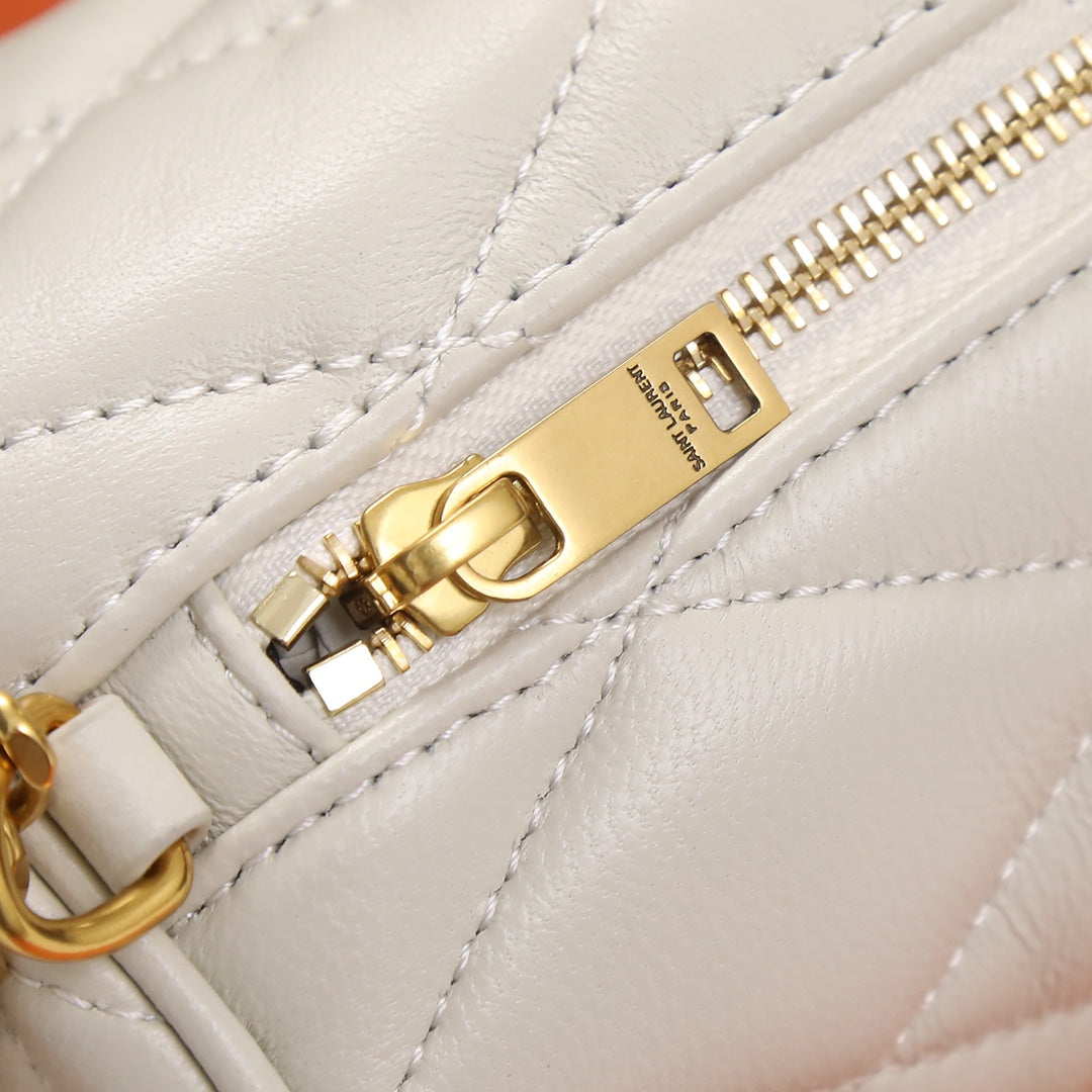 White Quilted Cylindrical Shoulder Bag with Gold Chain Strap