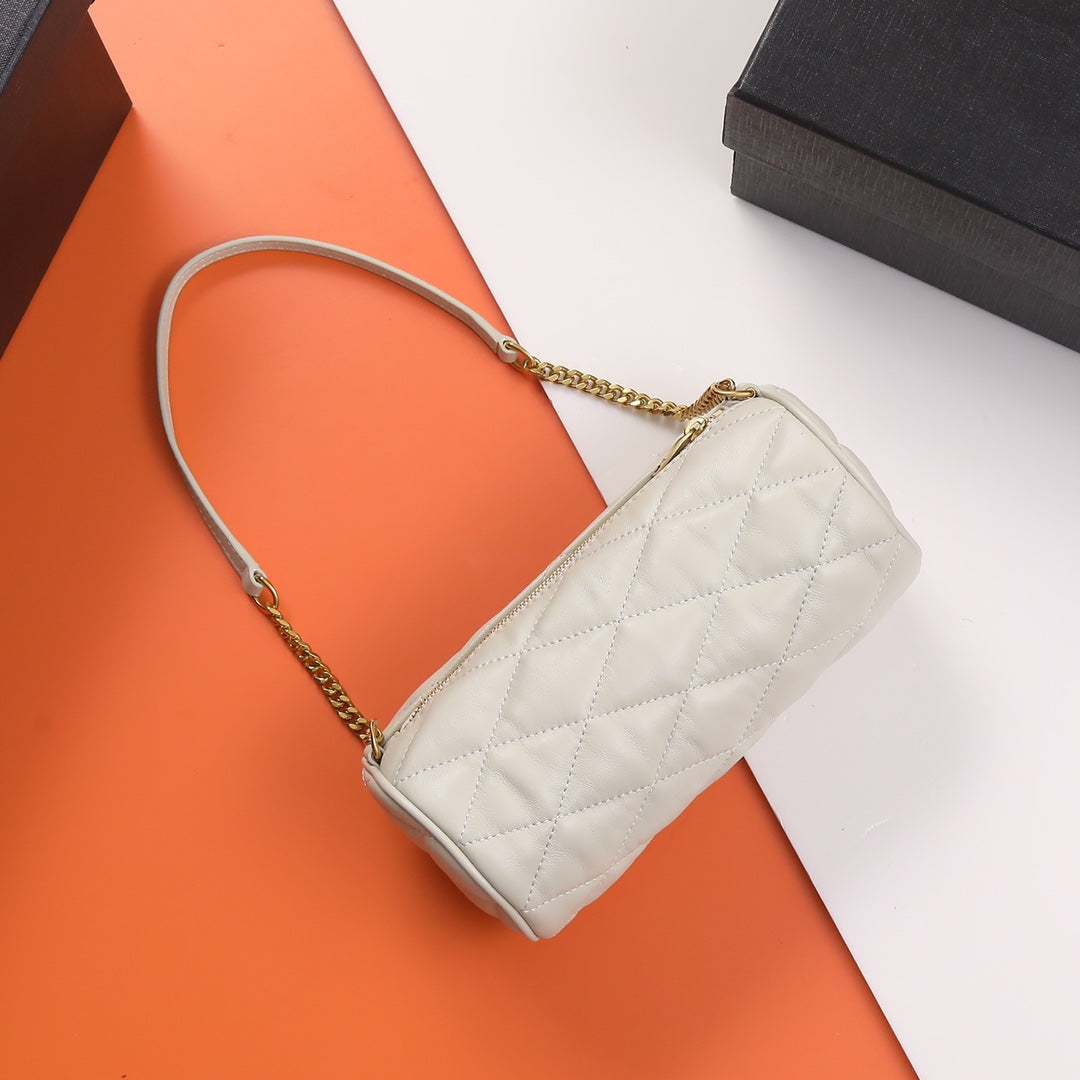 White Quilted Cylindrical Shoulder Bag with Gold Chain Strap