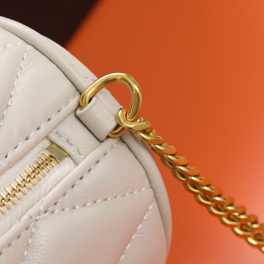 White Quilted Cylindrical Shoulder Bag with Gold Chain Strap