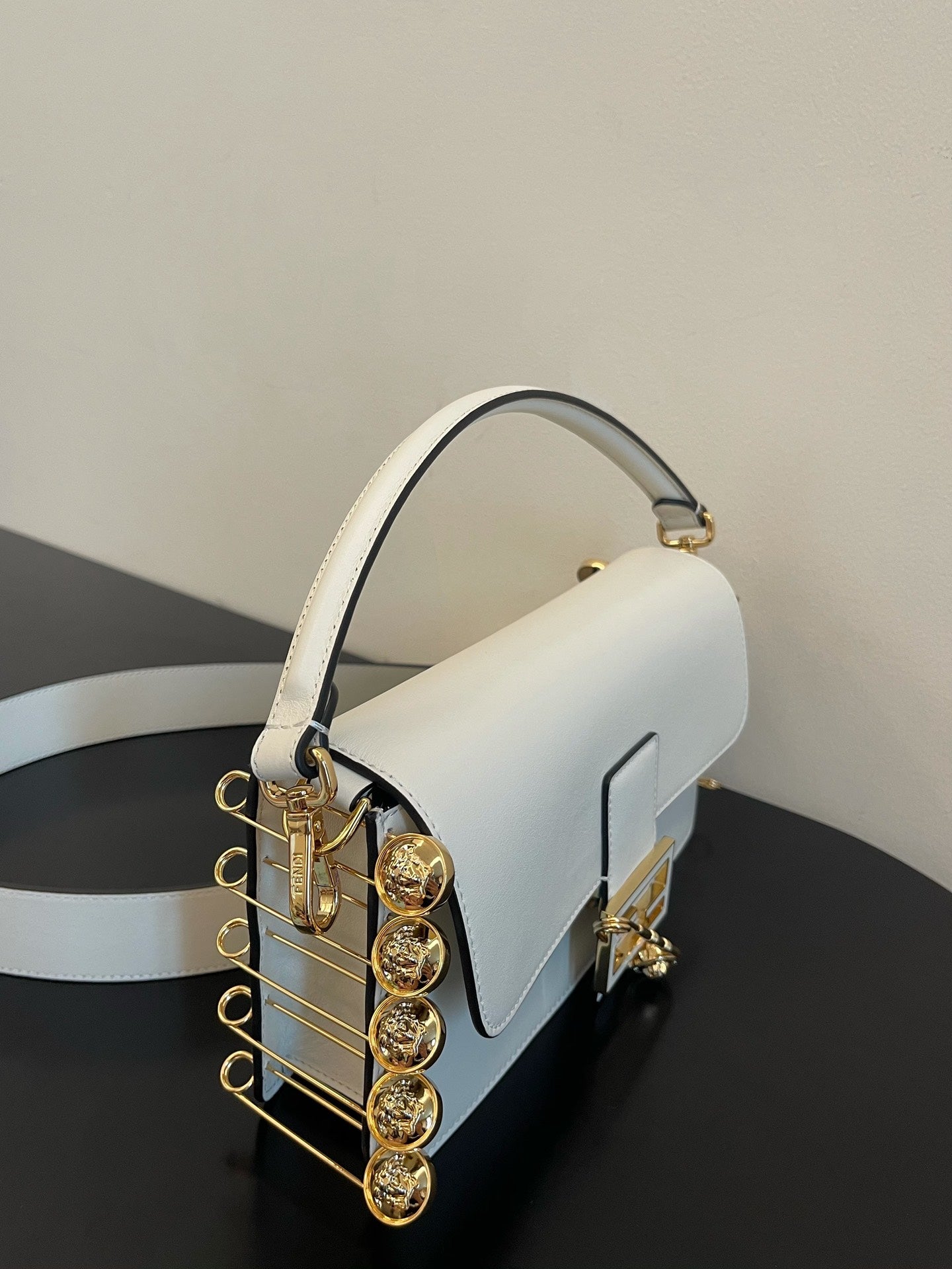 Fendi White Leather Baguette Bag with Gold-Tone Hardware and Detachable Strap