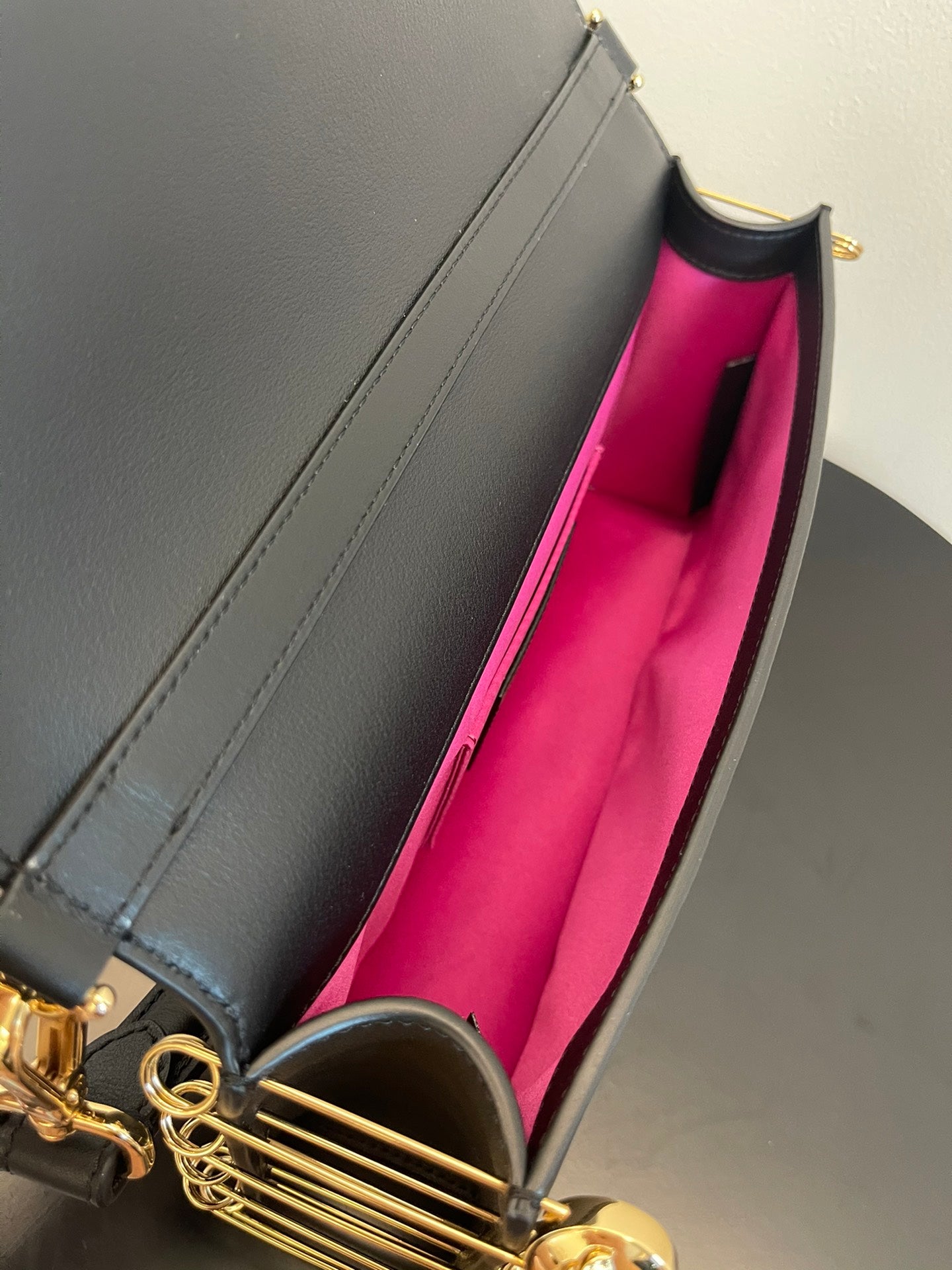 Black Leather Shoulder Bag with Gold Safety Pin Detail &amp; Studded Accents