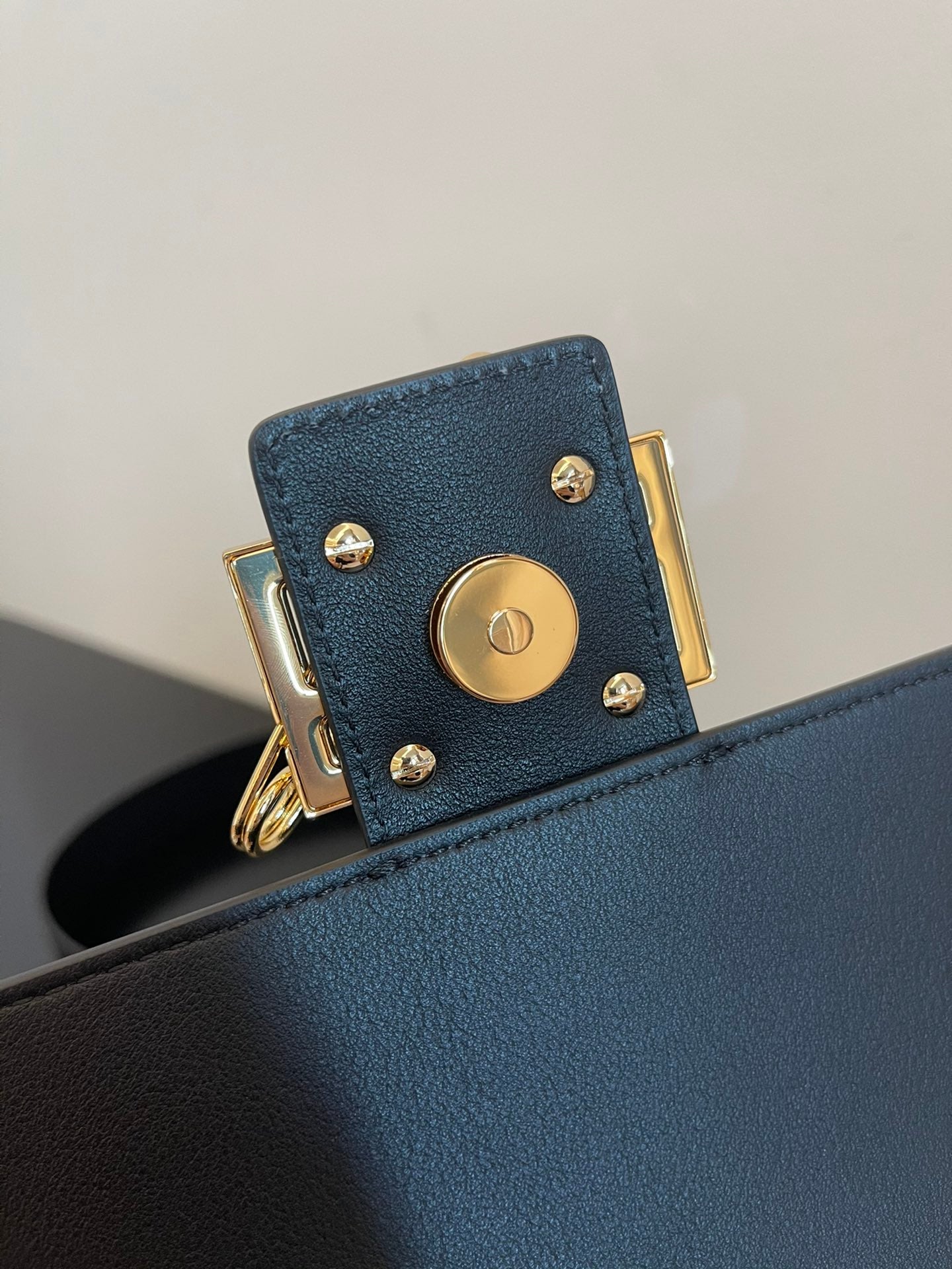 Black Leather Shoulder Bag with Gold Safety Pin Detail &amp; Studded Accents