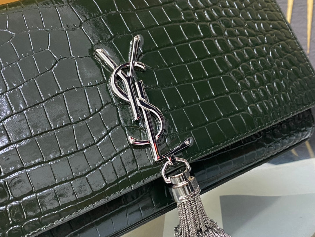 Saint Laurent Kate Medium Tassel Chain Bag in Crocodile-Embossed Leather - Dark Green