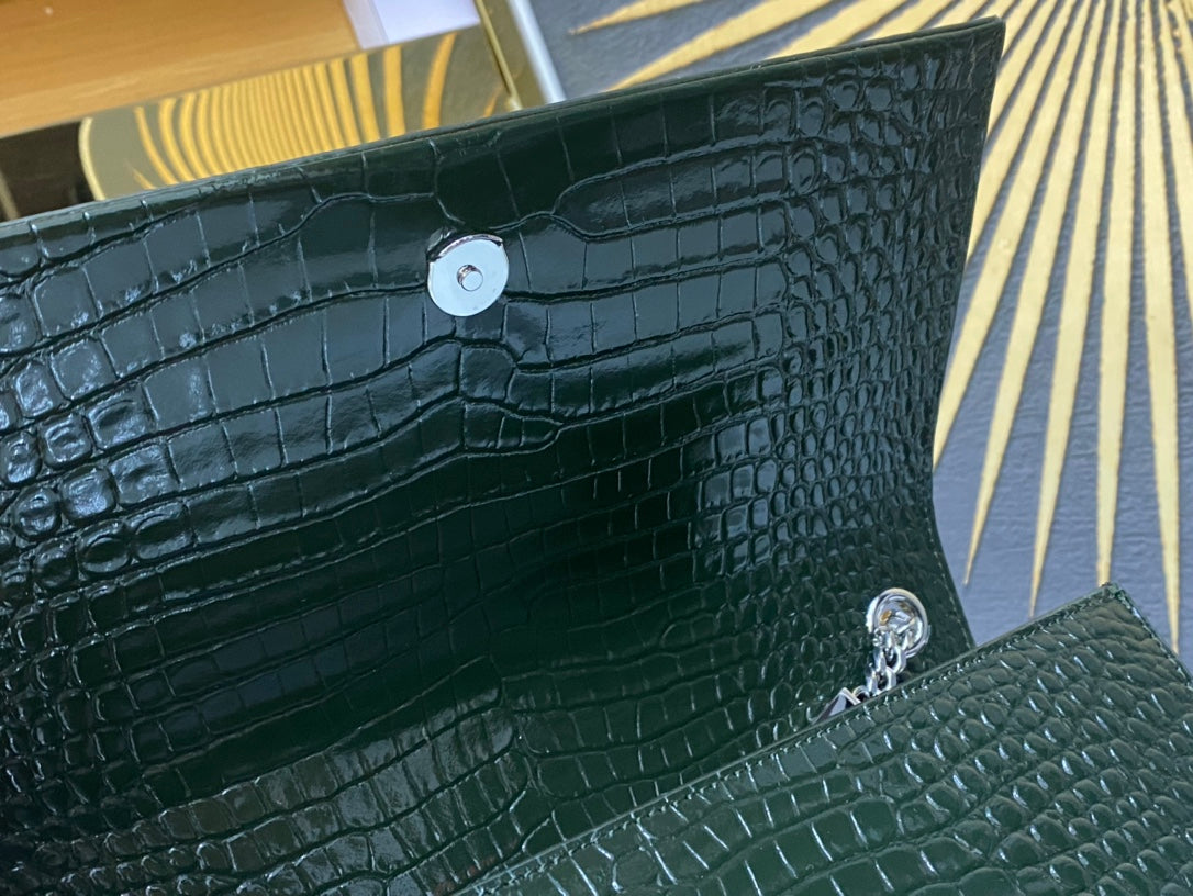 Saint Laurent Kate Medium Tassel Chain Bag in Crocodile-Embossed Leather - Dark Green