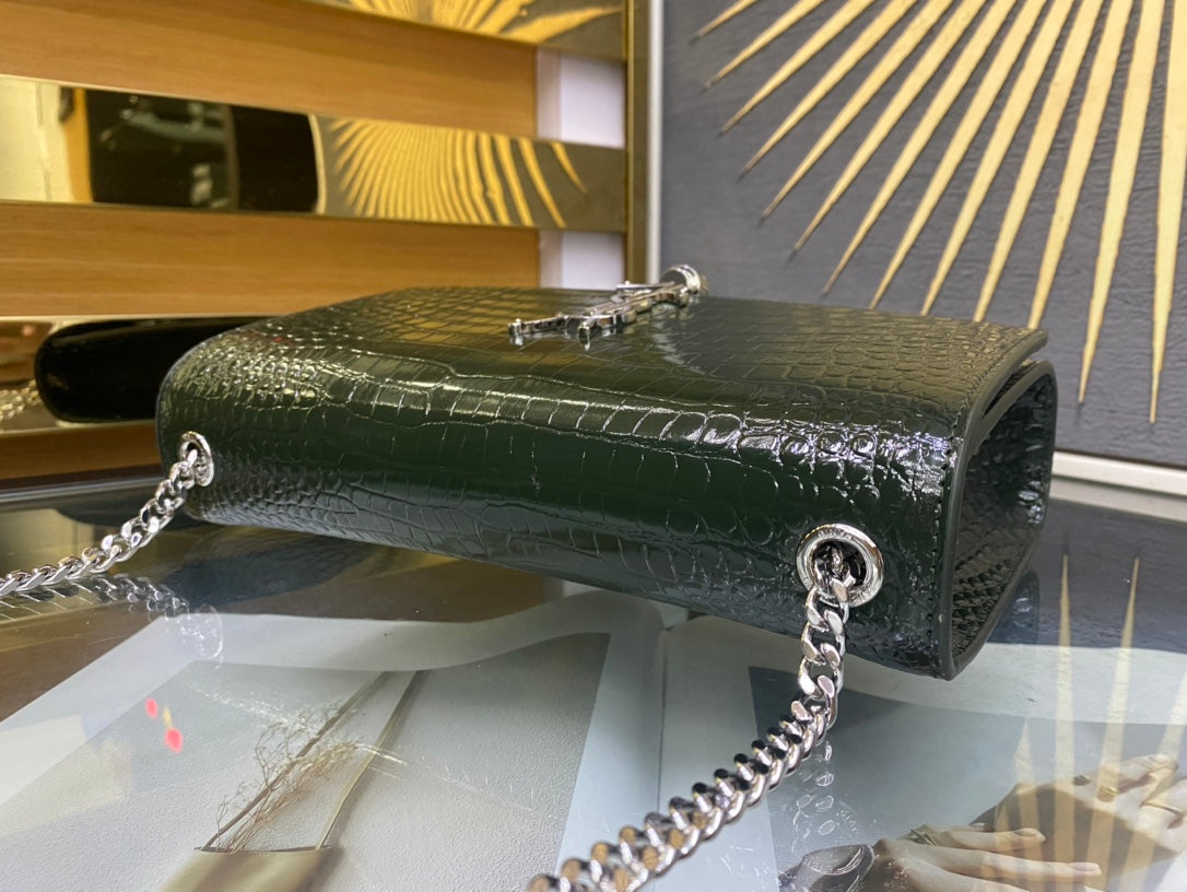 Saint Laurent Kate Medium Tassel Chain Bag in Crocodile-Embossed Leather - Dark Green
