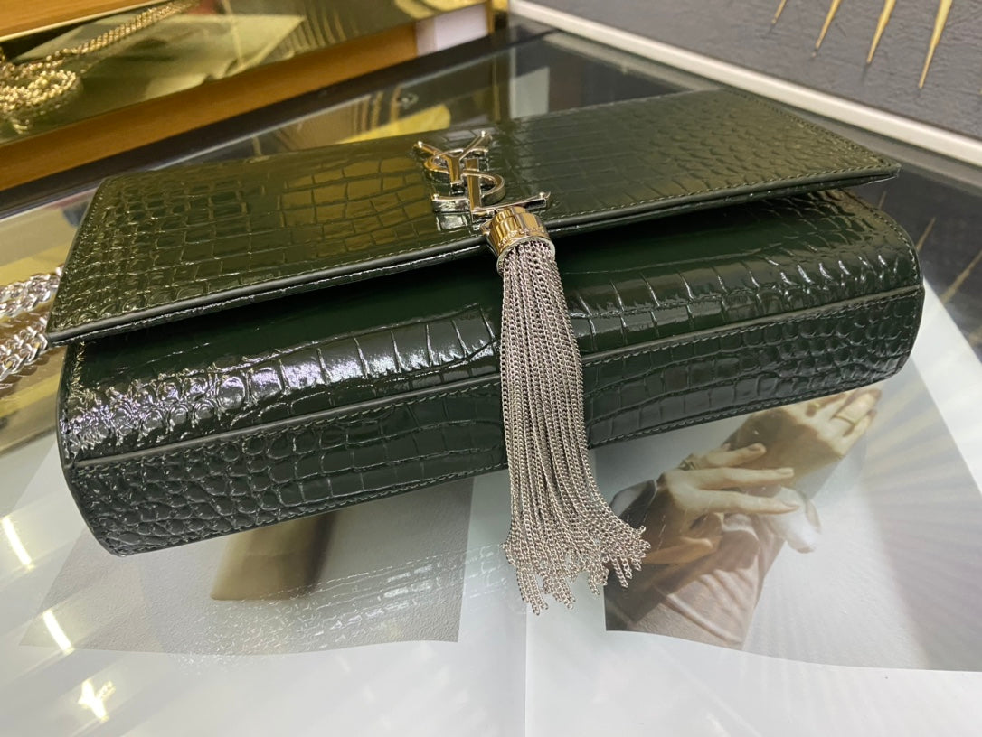 Saint Laurent Kate Medium Tassel Chain Bag in Crocodile-Embossed Leather - Dark Green