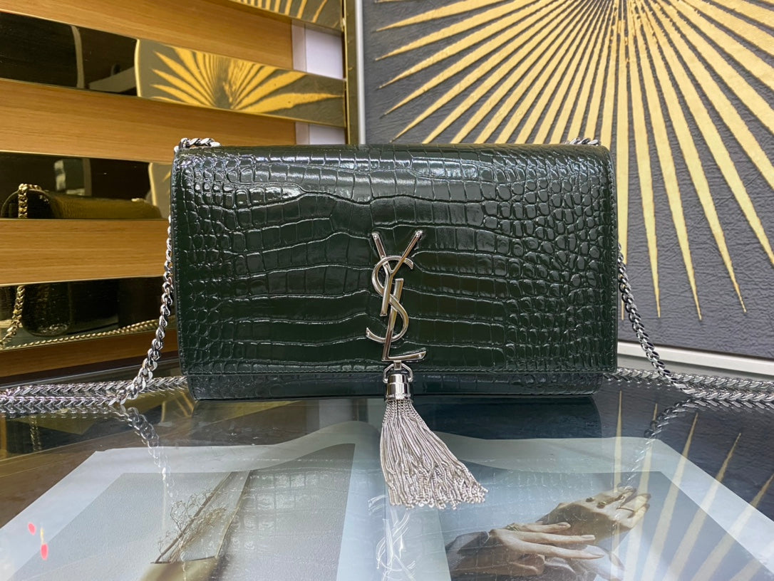 Saint Laurent Kate Medium Tassel Chain Bag in Crocodile-Embossed Leather - Dark Green