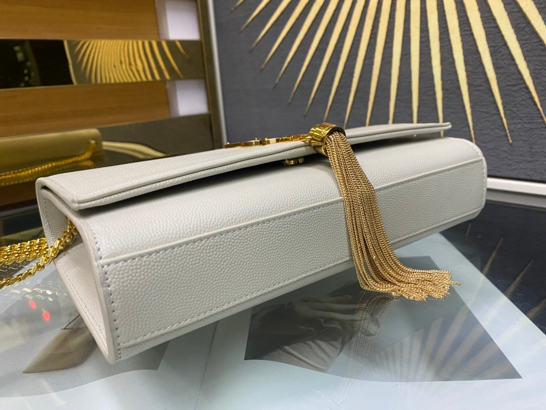Saint Laurent Kate Tassel Medium Shoulder Bag - White Leather with Gold Hardware