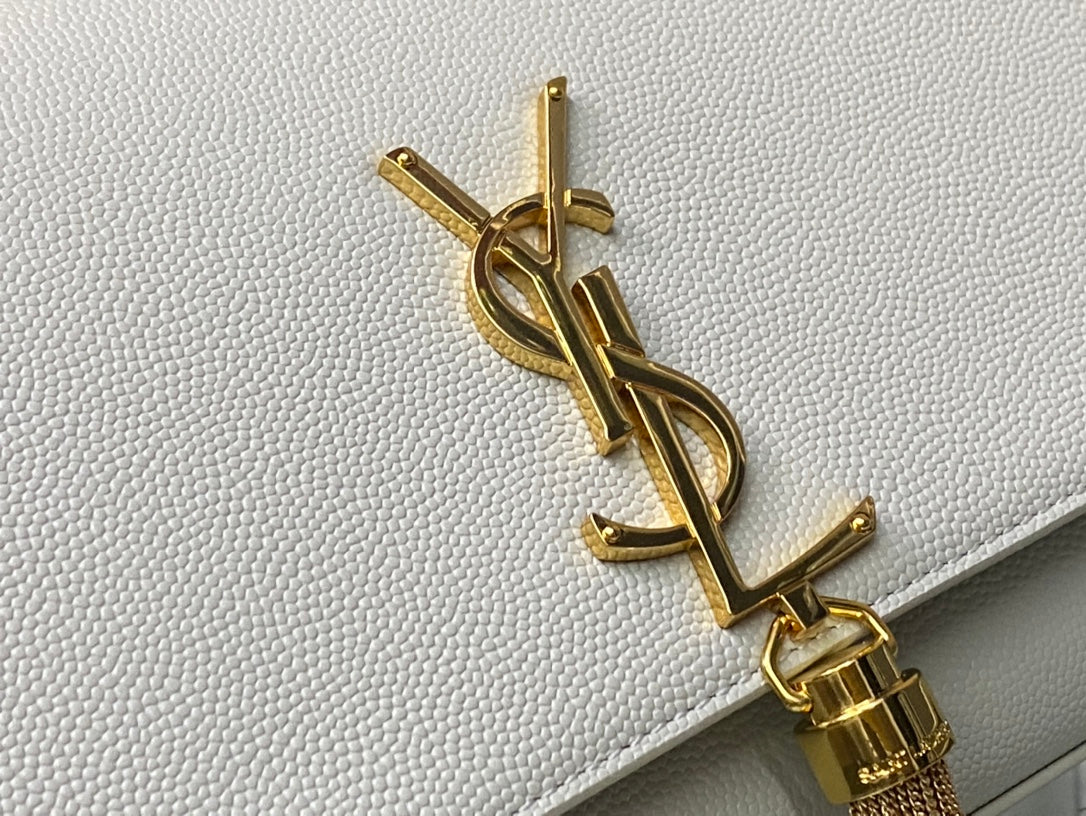 Saint Laurent Kate Tassel Medium Shoulder Bag - White Leather with Gold Hardware