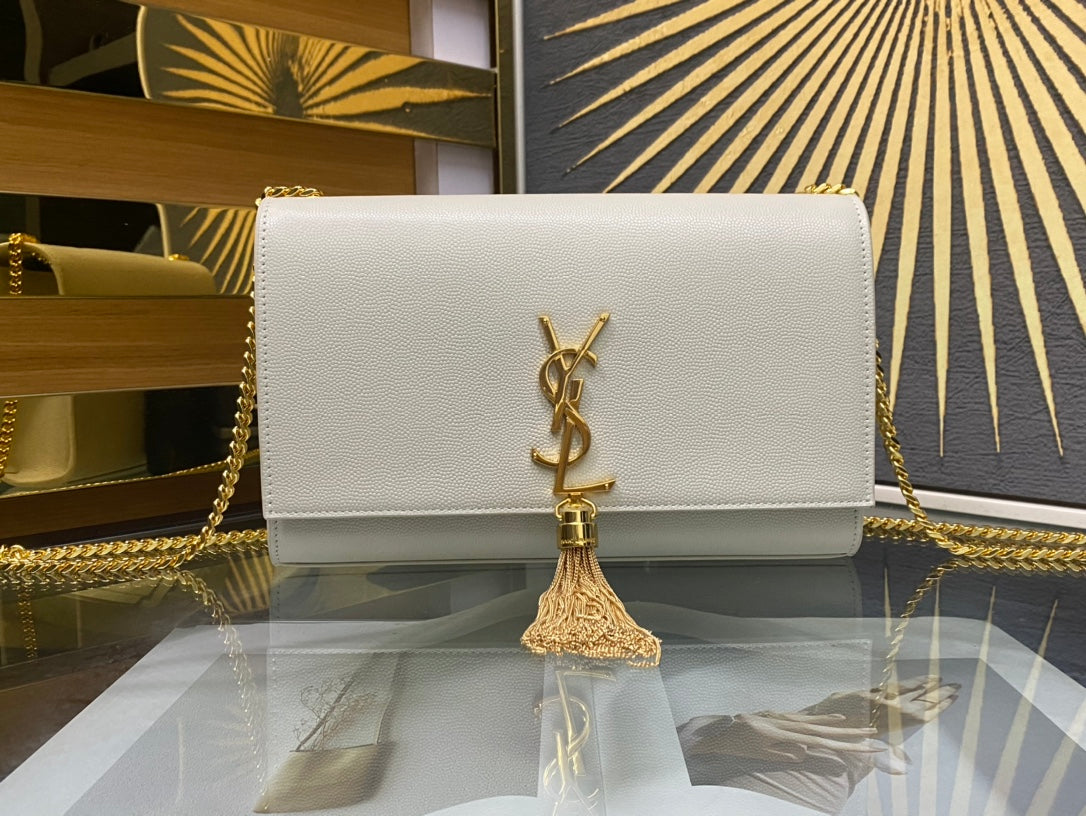 Saint Laurent Kate Tassel Medium Shoulder Bag - White Leather with Gold Hardware