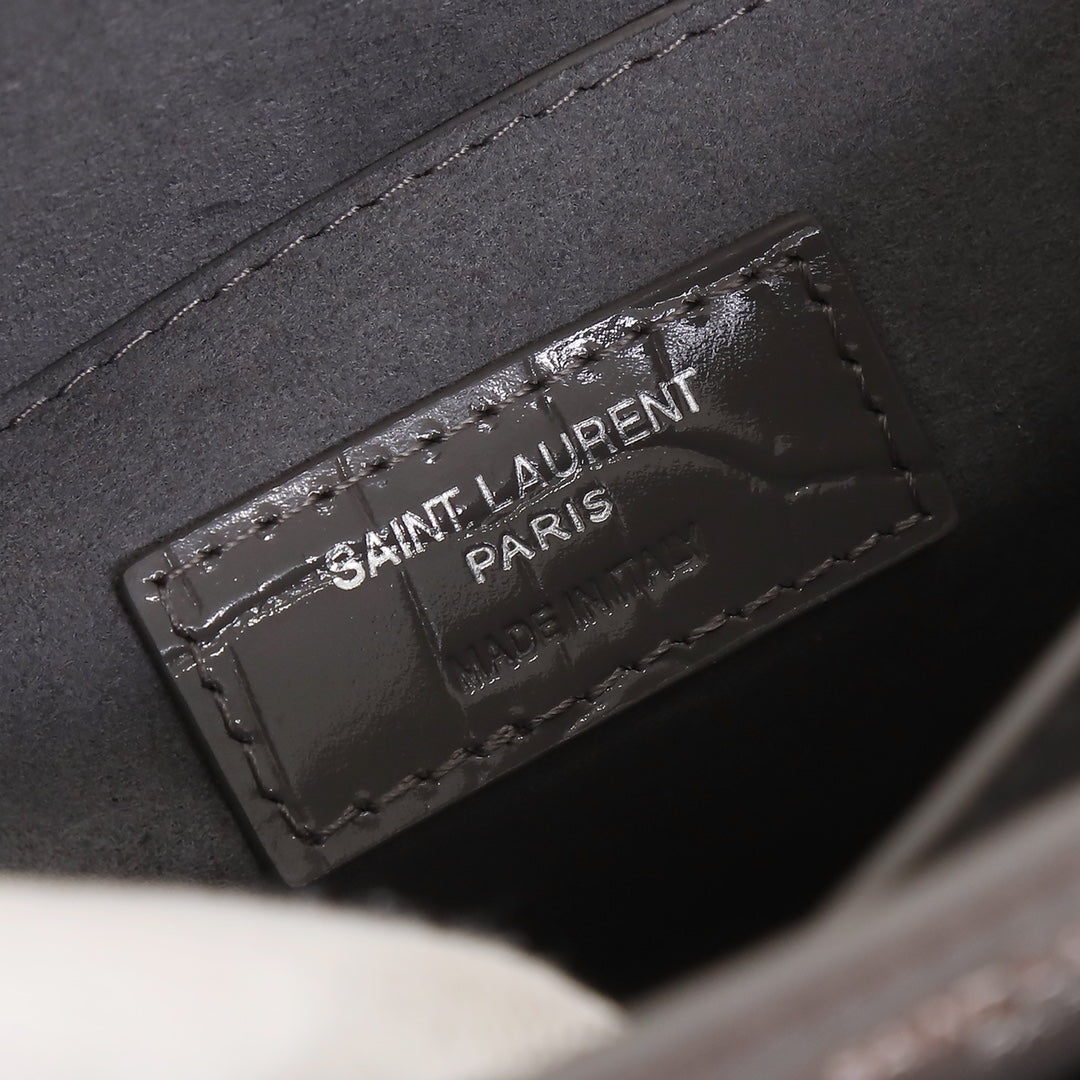 Saint Laurent Sunset Medium Shoulder Bag in Grey Croc-Embossed Leather