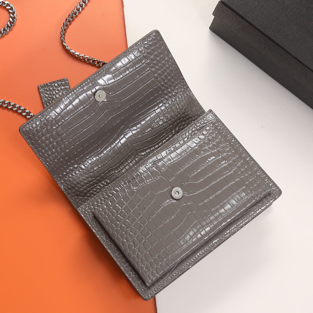 Saint Laurent Sunset Medium Shoulder Bag in Grey Croc-Embossed Leather