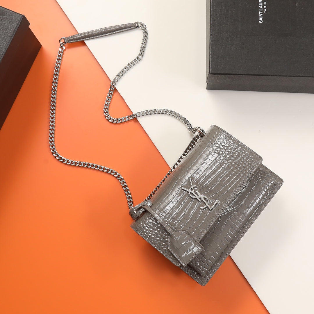 Saint Laurent Sunset Medium Shoulder Bag in Grey Croc-Embossed Leather