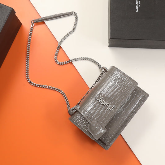 Saint Laurent Sunset Medium Shoulder Bag in Grey Croc-Embossed Leather