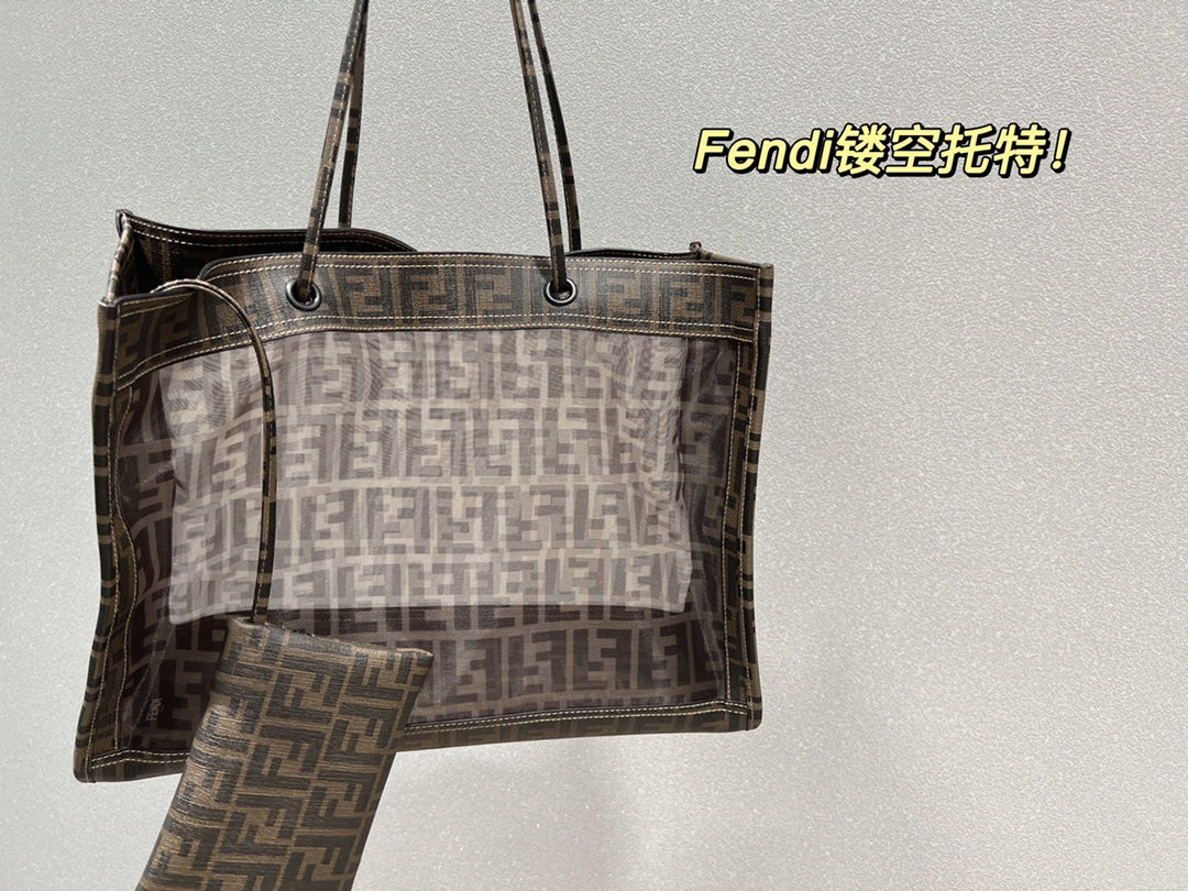 Fendi FF Monogram Mesh Tote Bag with Detachable Pouch - Brown