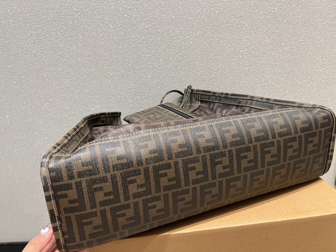 Fendi FF Monogram Perforated Brown Tote Bag with Matching Pouch