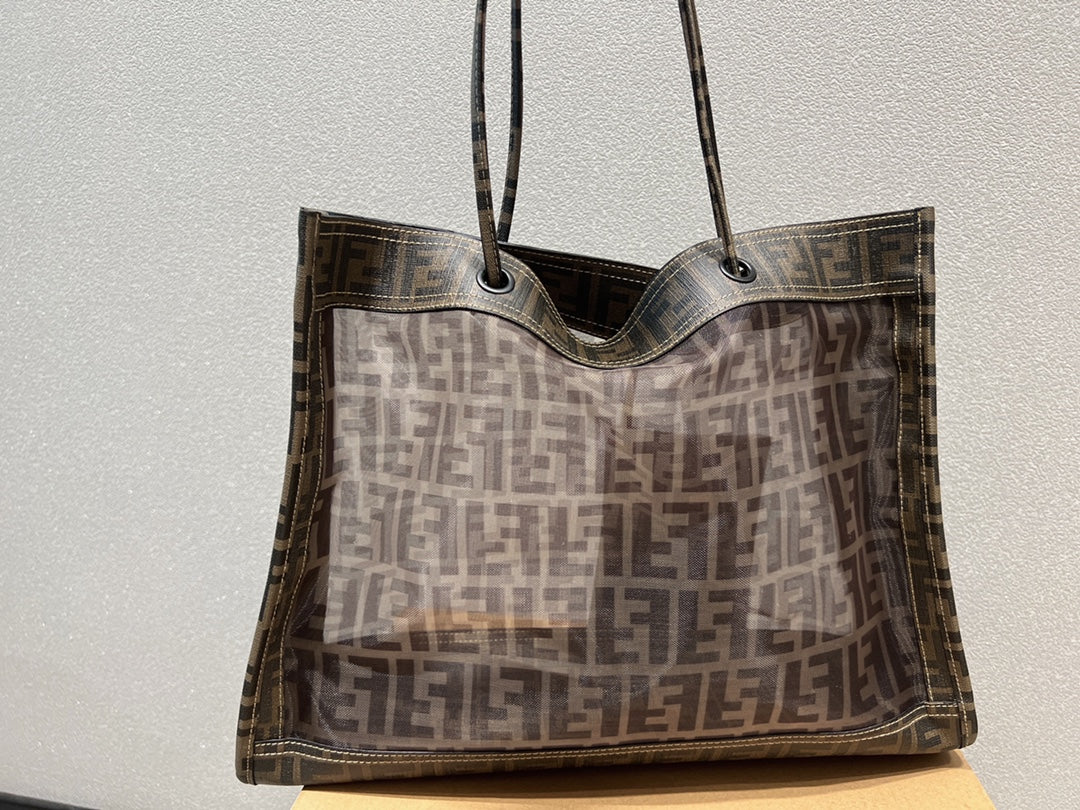 Fendi FF Monogram Perforated Brown Tote Bag with Matching Pouch