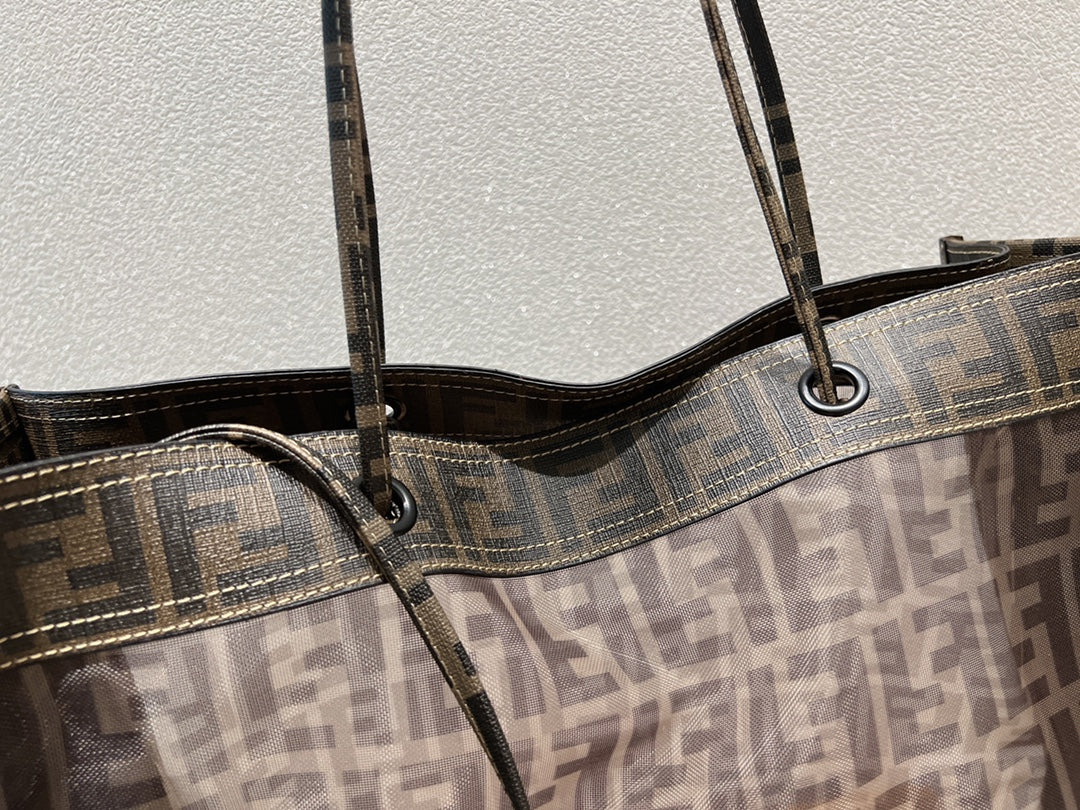 Fendi FF Monogram Perforated Brown Tote Bag with Matching Pouch