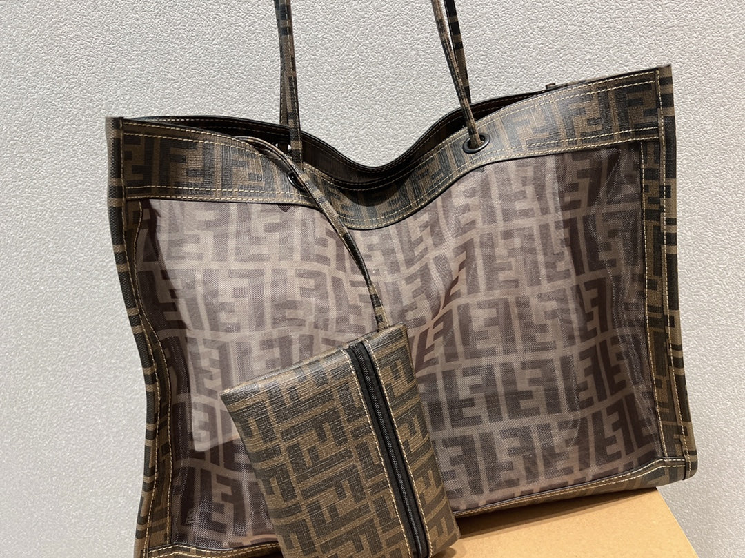 Fendi FF Monogram Mesh Tote Bag with Detachable Pouch - Brown